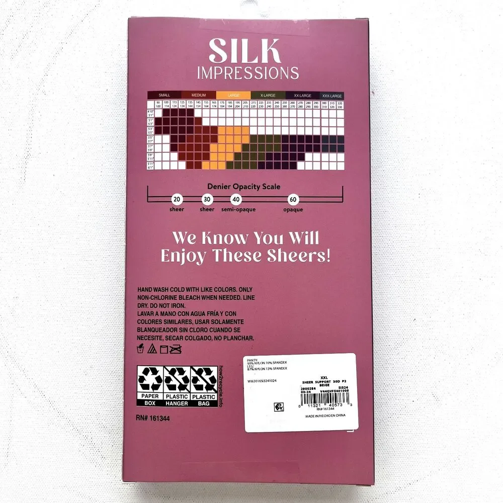 NEW SILK Impressions Beige Sheer Medium Support Pantyhose XXL 30 Denier 2pr